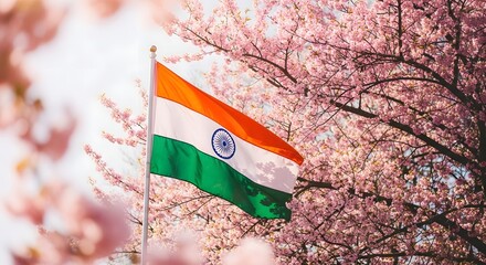Indian Flag Waving in the Wind with Pink Blossom Tree Flowers