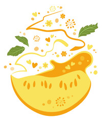 Yellow slice of juicy melon with mint leaves surrounded by bokeh bubbles and hearts. Stylized vector ripe vegetable in flat style. Large isolated part favorite pumpkin family fruit. Cheerful splashes
