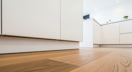 Low-angle view of modern kitchen cabinets and hardwood floor, showcasing minimalist design and clean lines