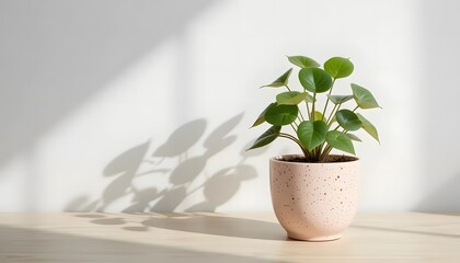 Small Green Plant in Speckled Pink Pot on Wooden Table Against White Background