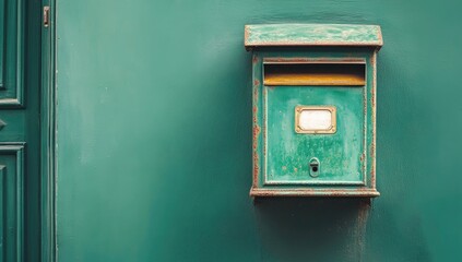 Antique teal mailbox on a teal wall