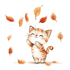 Fototapeta premium Playful Watercolor Kitten with Autumn Leaves and Cheerful Expression