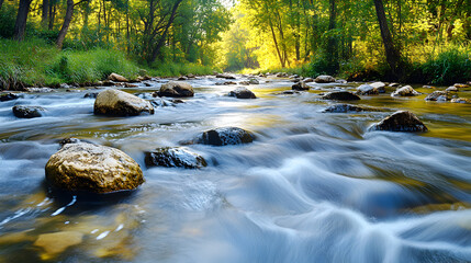 A stream flows over rocks in a wooded area.