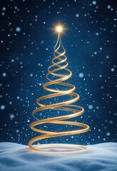 Glowing spiral Christmas tree with star on snowy landscape at night.
