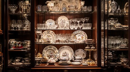 A beautifully crafted wooden cabinet with glass panels showcasing vintage china sets and sparkling crystal glassware.

