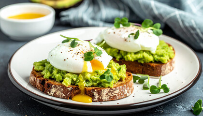Avocado toast with poached eggs and fresh microgreens. Tasty snack. Delicious food for breakfast.