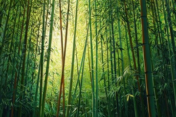 Fototapeta premium Lush bamboo forest, sunlight filtering through