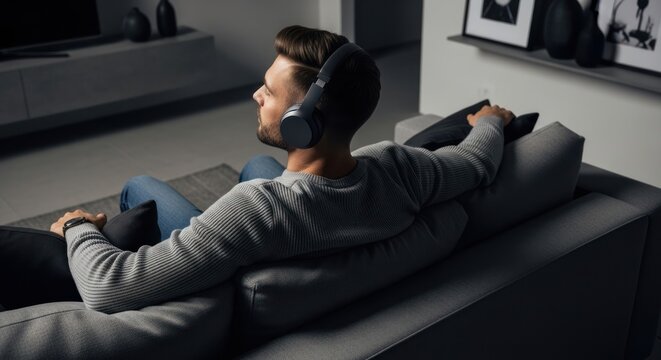 Man relaxing on couch with headphones, enjoying music in modern living room
