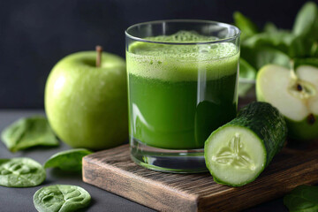 A glass of green smoothie with an apple and cucumber on a wooden board against a dark background