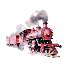 A powerful, old steam locomotive billows smoke as it travels down a vintage railway track, evoking a sense of nostalgia for antique train travel