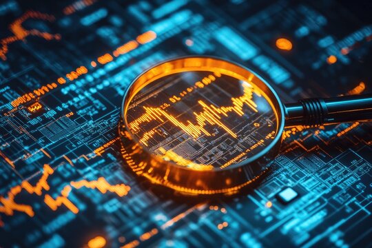 Magnifying glass focused on glowing financial data on a circuit board