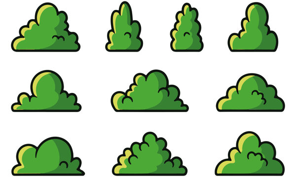 Cartoon Bush Collection: Cute Green Shrub Illustrations for Games, Designs, and Artwork &ndash; Variety of Shapes and Sizes for Your Creative Projects
