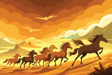 Wild horses running free across the plains with a warm sunset backdrop