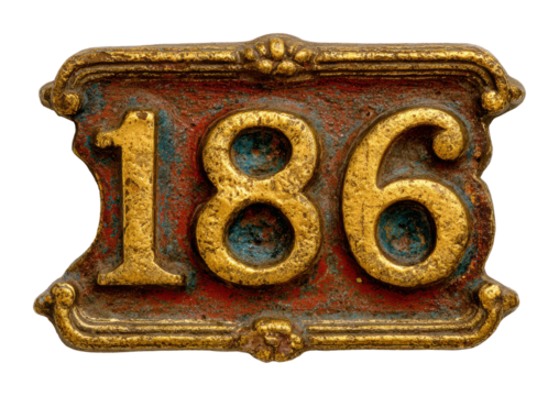 Historic house number 186 vintage signage urban environment detailed view antique concept isolated on transparent background