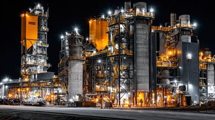 Fototapeta premium Industrial complex at night, illuminated by bright lights
