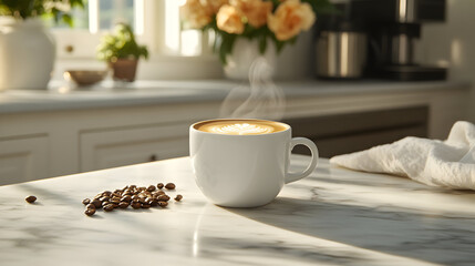 A white coffee mug with latte art sits on a marble countertop in a kitchen, next to coffee beans.