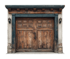 Wooden double doors rustic architecture exterior view vintage environment design concept isolated on transparent background