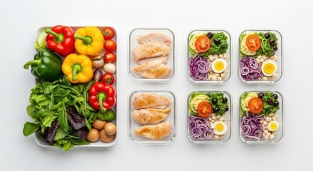 Meal prep containers with chicken, vegetables, eggs, and pasta on a white background