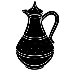 A decorative black silhouette of a vintage pitcher with ornate patterns isolated on a white background