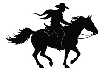 Silhouette of Cowboy Riding Horse at Full Gallop on White Background