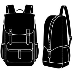 Fototapeta premium A black silhouette of a vintage backpack shown from the front and side