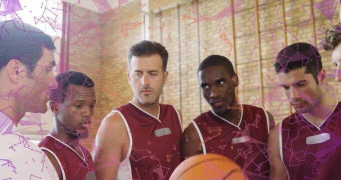 Coach calling timeout and guiding players with animated play diagrams before huddle forming in gym