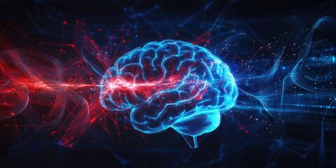 Abstract brain image, glowing with network of energy lines, in vibrant blue and red