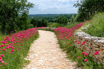 A winding gravel path bordered by pink wildflowers and a low stone wall, leading to a rolling green hill.