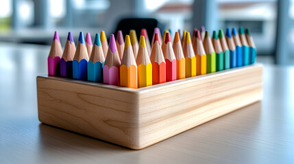 Naklejka premium A wooden box filled with colored pencils sits on a table.