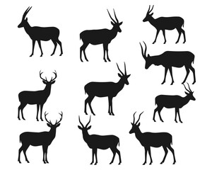 Vector art of collection of antelope and deer silhouettes isolated on white background