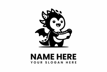 Happy Dragon Mascot Holding Hot Dog Cartoon Illustration.