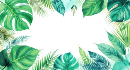 Lush green tropical leaves frame white space with watercolor effect