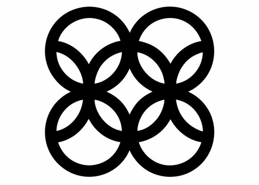 Black geometric pattern featuring four interlocking circles forming a symmetrical design on white background