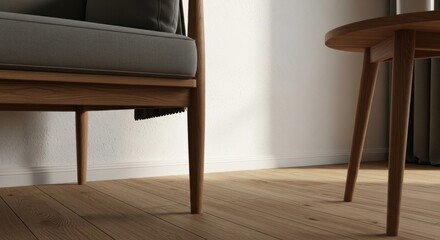 Minimalist Interior: Close-up of Wooden Furniture on Hardwood Floor with Natural Light
