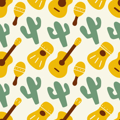 Mexican Fiesta Seamless Pattern With Guitars Cactus And Maracas In Earthy Tones