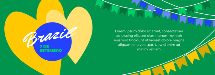 Brazil Independence Day horizontal poster, banner template. Festive design with hearts and decorations for September 7th. Latin American holiday. Layout concept for web, print, social media.