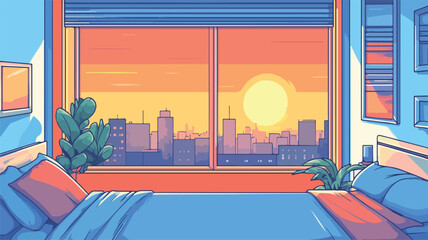 Tranquil Urban Bedroom with Sunset View Simple Line Vector Illustration