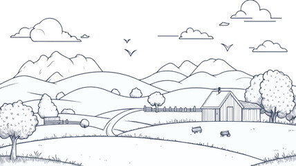 Tranquil Isolated Farm Landscape Illustration: Simplistic Beauty of Rural Countryside