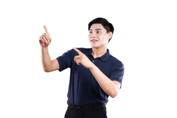 Man pointing: An Asian man pointing with both fingers, engaging and interacting with the space around him. It's a clear and dynamic pose. 