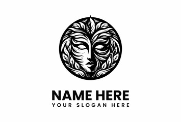 Intricate Black and White Logo of a Womans Face Surrounded by Leaves.