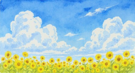 Vibrant watercolor sunflowers blooming under a vast blue sky.