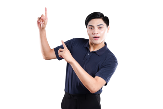 Pointing the Way: A confident individual, his gaze fixed upward, uses both hands to direct attention towards a concept or idea. Emphasizing positivity and guidance.