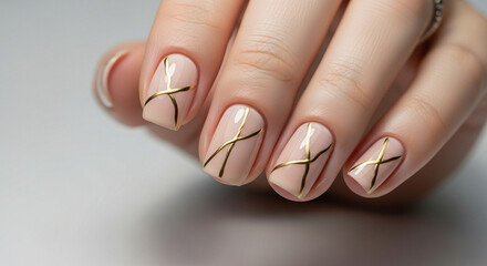 Nude manicure with golden stripe design