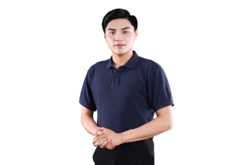 Confident individual in blue polo: A handsome individual in a casual blue polo shirt stands poised, with a look of confident composure and professional.