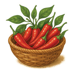 Thai Chili with Leaves in Woven Basket – Watercolor PNG