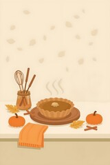 Autumn Dessert Baking Scene with Pumpkin Pie and Kitchen Tools