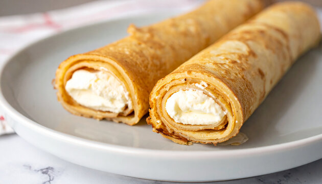 Delicious rolled pancakes filled with creamy goodness on plate. Tasty food.