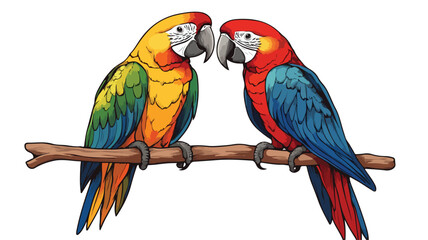 Two Parrots Sitting on Branch with One Hold - Colorful Tropical Birds Image in Nature