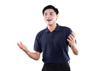 Confident Presentation: A poised individual, arms outstretched, conveys enthusiasm and conviction. This image of a business man, ready to share, perfect for illustrations of talks or workshops.
