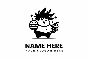 Joyful Cartoon Boy with Burger and Drink Logo Design.